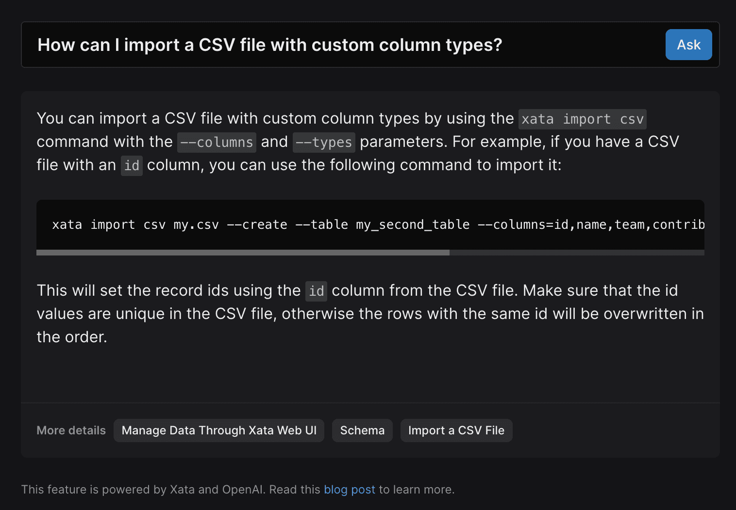 Question for the Xata bot: How can I import a CSV file with custom column types?